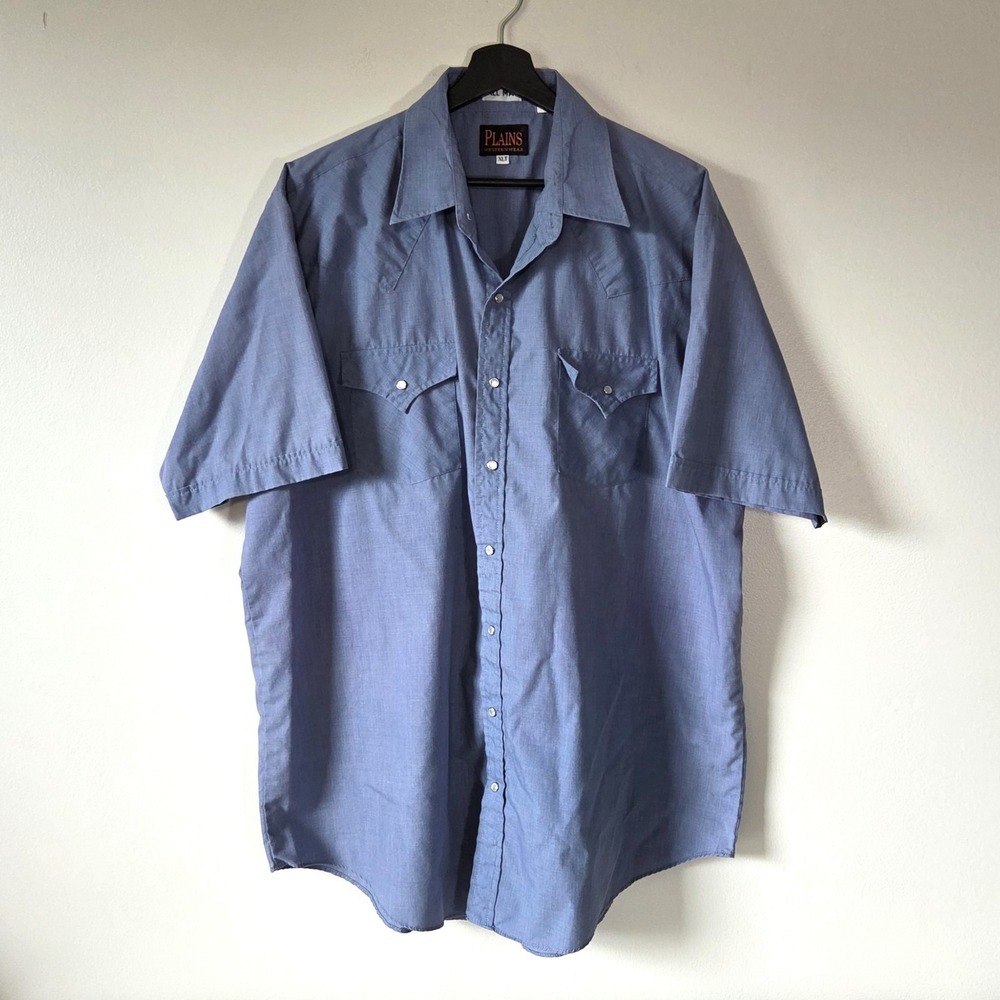 Plains Western Wear Shirt Mens XLT Blue Cotton Blend Short Sleeve Pearl Snap